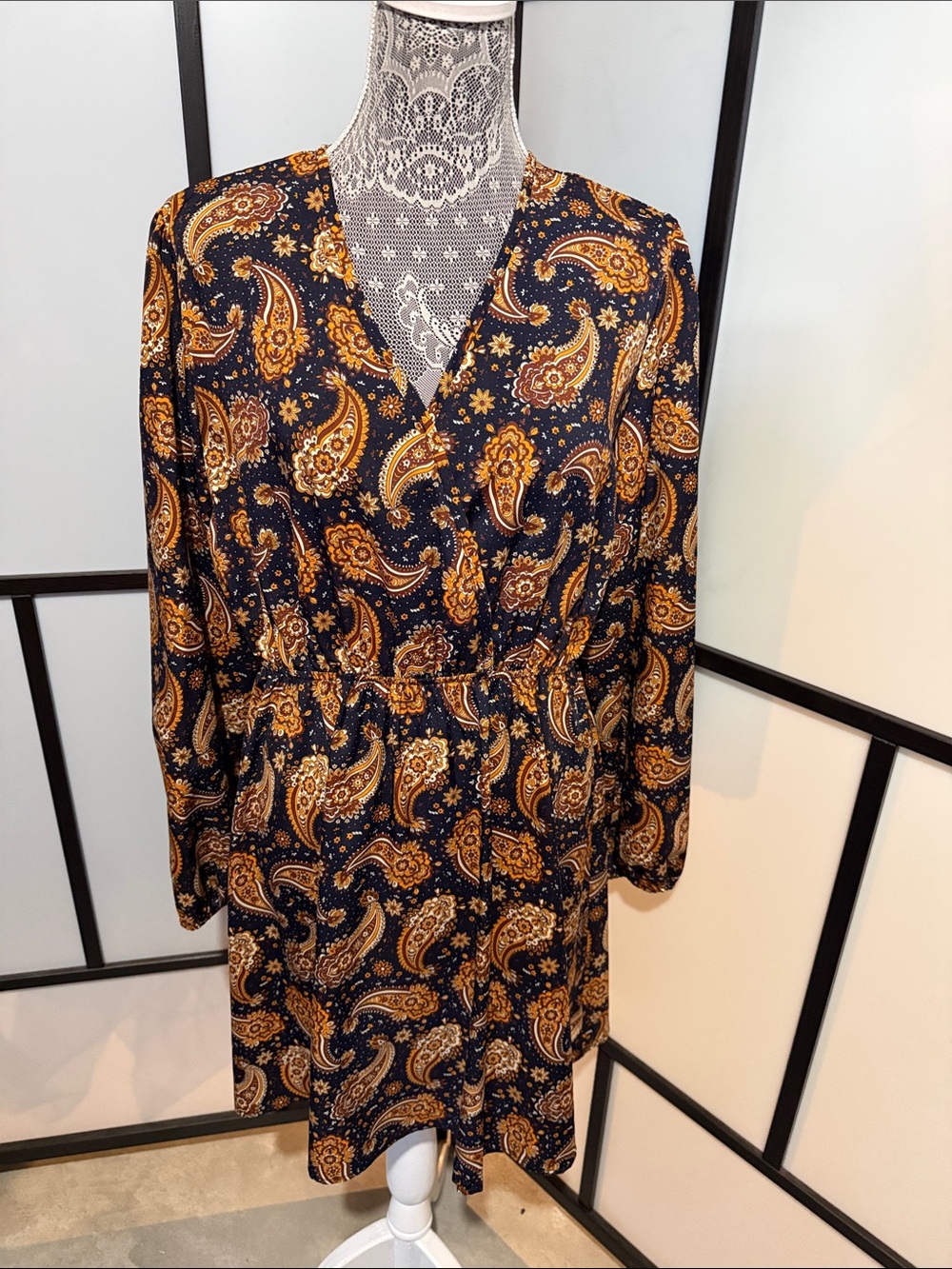 SHEIN Navy and Mustard Paisley Mini Dress
